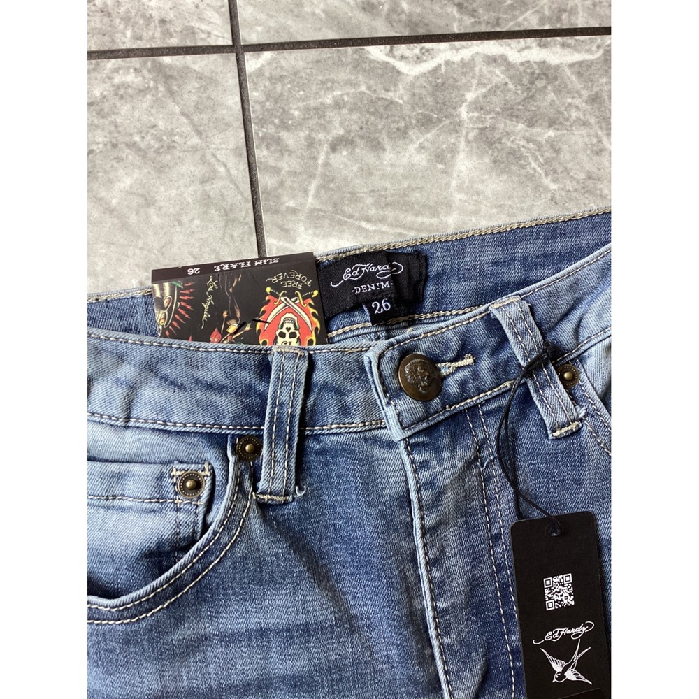 Ed Hardy Slim Flare Jeans Womens 26 Medium Vintage Blue Tattoo Embroidered Logo - Picture 6 of 12